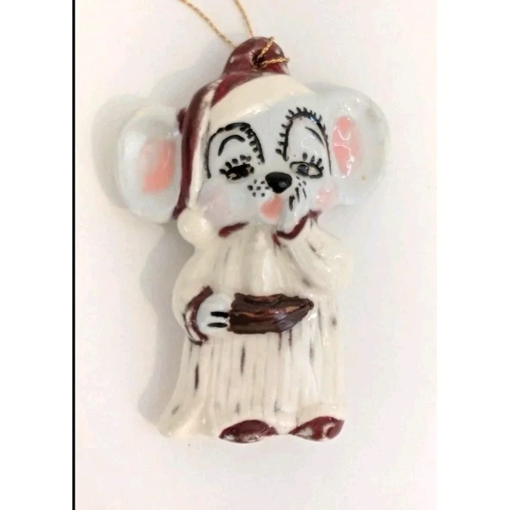 Mouse in Pajamas w Candle Hand Made Painted Ceramic Christmas Ornament Lot Of 2